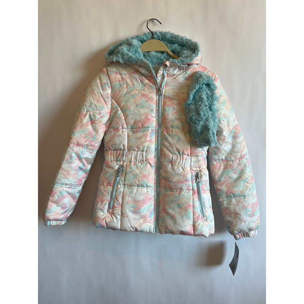 LONDON FOG GIRLS ZIP-FRONT HOODED MID CINCH PUFFER With HEADBAND Med 10/12 NWT